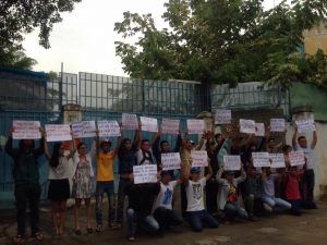 Saigon-based activists gathered in front of a social rehabilitation center to demand for unconditional release of four activists held by police on June 5-7, 2016