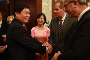 Bui Thanh Ha, vice chairman of the Government Committee for Religious Affairs, shakes the hand of Elder Gary E. Stevenson of the Quorum of the Twelve Apostles. (Courtesy: LDS)