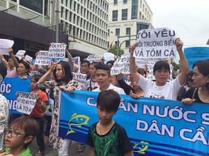People demonstrate in Hanoi over the massive fish death scandal.