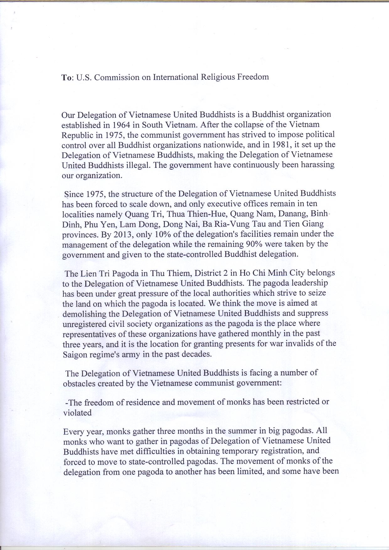 Thich Khong Tanh's letter to The US commission for International Religious Freedom