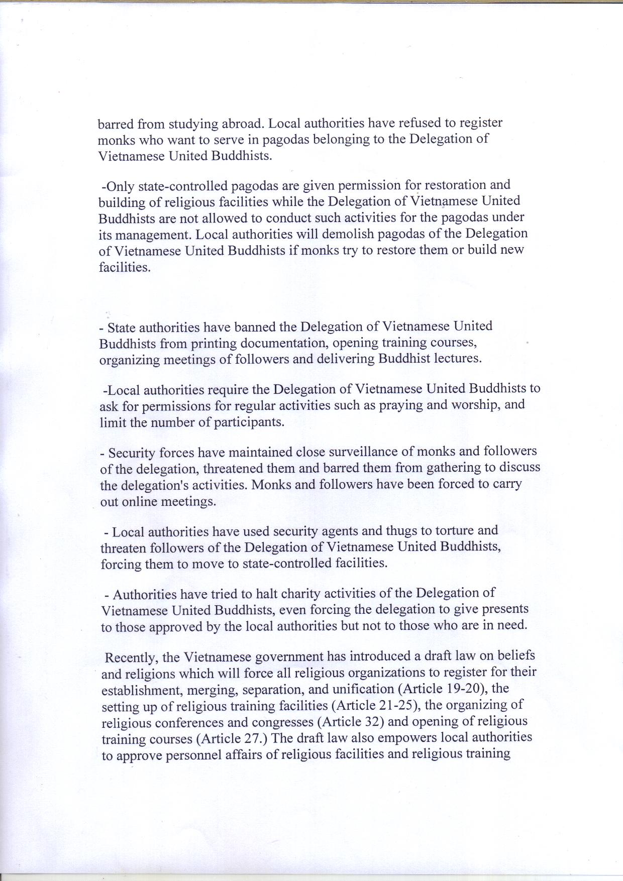 Thich Khong Tanh's letter to The US commission for International Religious Freedom