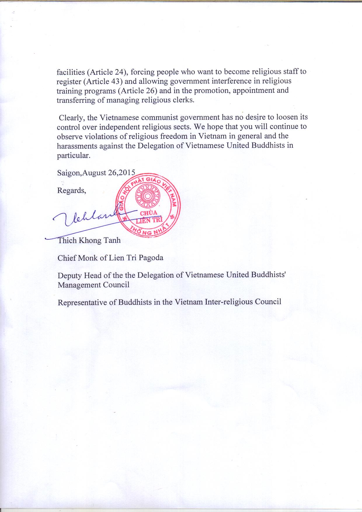Thich Khong Tanh's letter to The US commission for International Religious Freedom