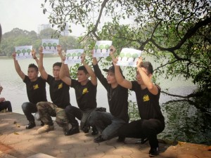 Mr. Dung (second from left) and his friends at the peaceful protest on April 12