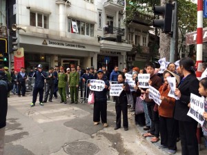 Activists blocked by police and militia when they tried to attend the open trial against Mr. Dung on Dec 14