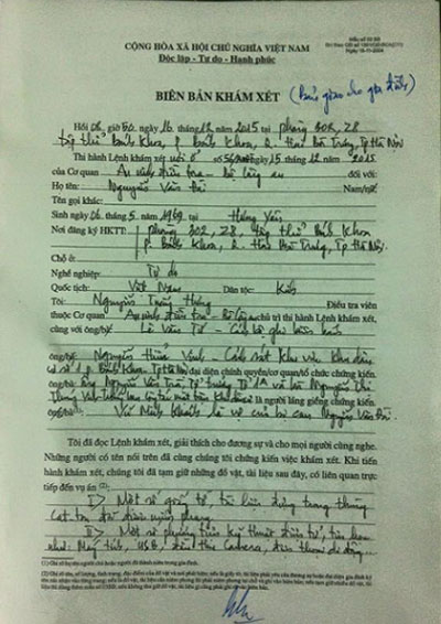 A copy of the report detailing the police search of Nguyen Van Dai's home in Hanoi and his arrest. Credit: Vu Minh Khanh
