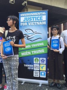 Taiwanese activists joined with Vietnamese environmentalists to protest Formosa near its headquarters in Taipei